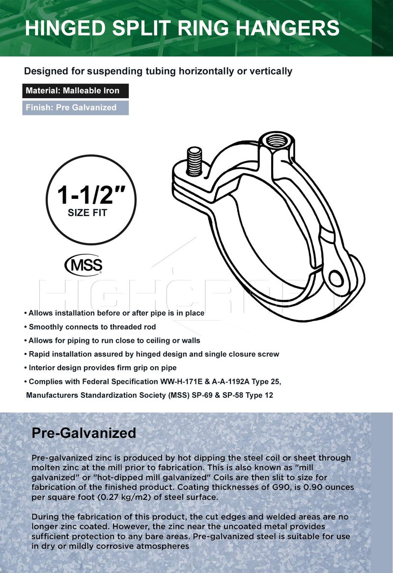 HIGHCRAFT HINGG-112-5 Industrial Decor Hinged Split Ring Pipe Hanger 1-1/2 in. Galvanized Iron, with 3/8 in. Rod Fitting, Vintage Mounting Bracket for Tubing, Shower Curtain, Tiki Torch (5 Pack) - Image 5